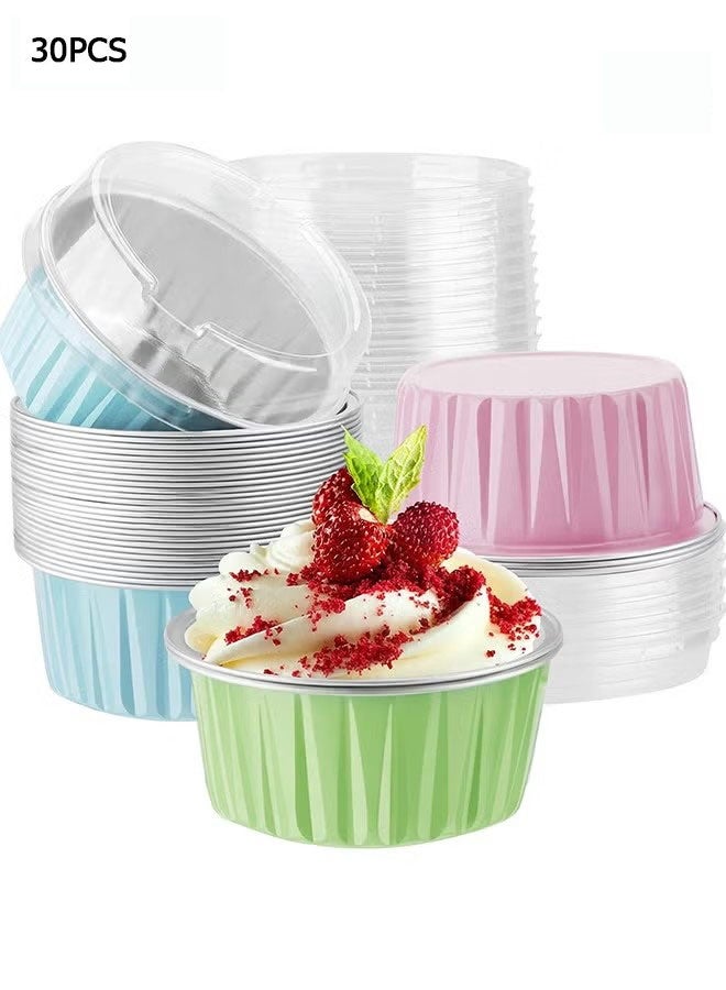 JIMATOR Disposable Foil Ramekins with Lids - 30 Pcs 5oz 125ml Aluminum Foil Muffin Liners Cupcake Baking Cups - Mini Pie Pans with Lids - for Catering Gathering Club Wedding Party - Image 1